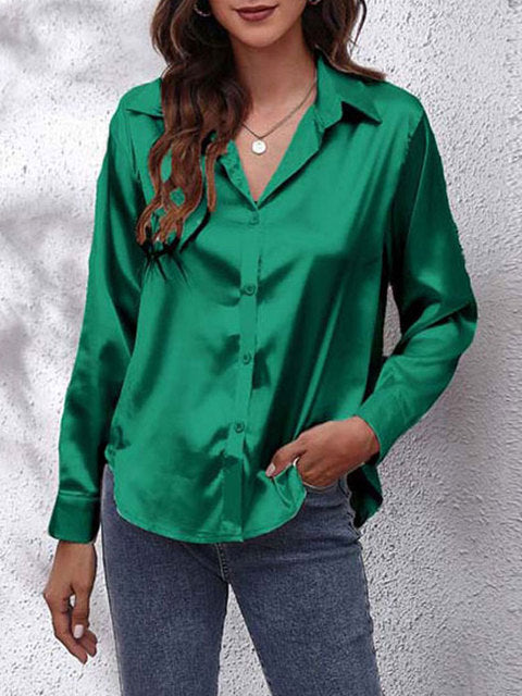 Laura | Women's Silk-Touch Lustrous Satin Button-Down Top-Metro Lane Plaza