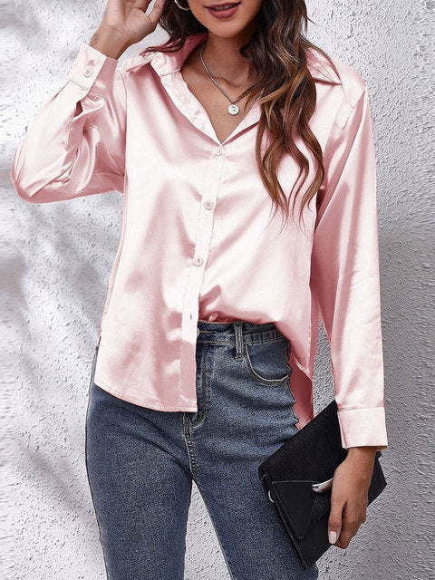 Laura | Women's Silk-Touch Lustrous Satin Button-Down Top-Metro Lane Plaza