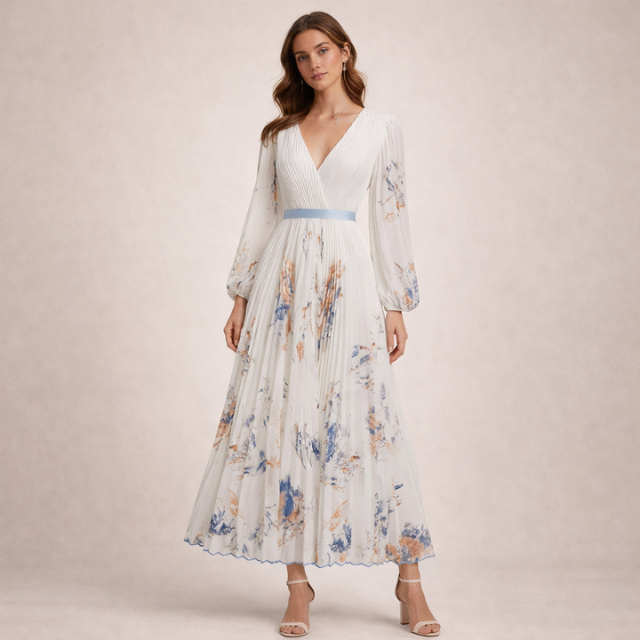 Sophia | Women's Elegant Floral Pleated Maxi Dress-Metro Lane Plaza