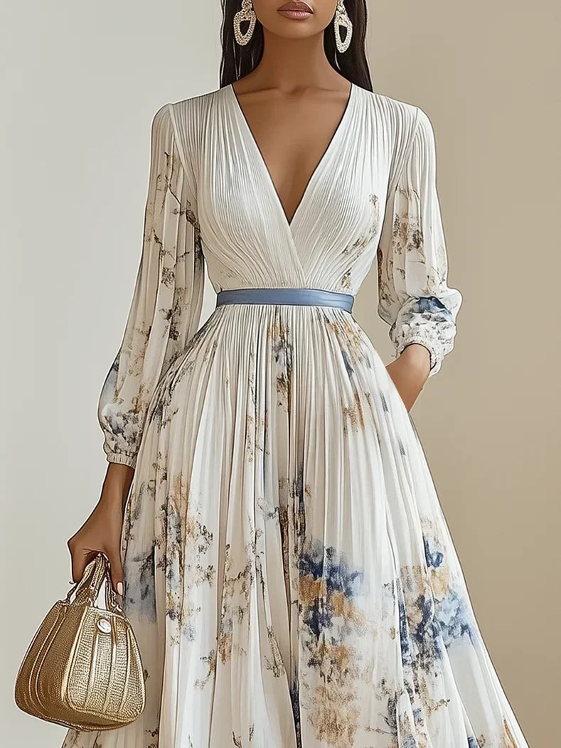 Sophia | Women's Elegant Floral Pleated Maxi Dress-Metro Lane Plaza