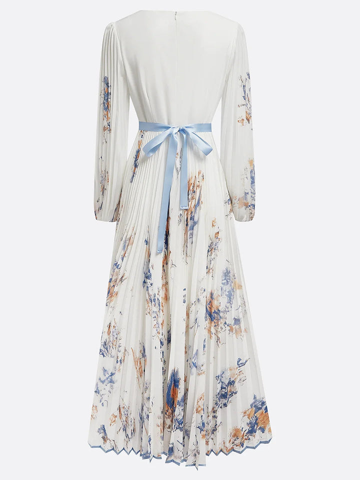 Sophia | Women's Elegant Floral Pleated Maxi Dress-Metro Lane Plaza