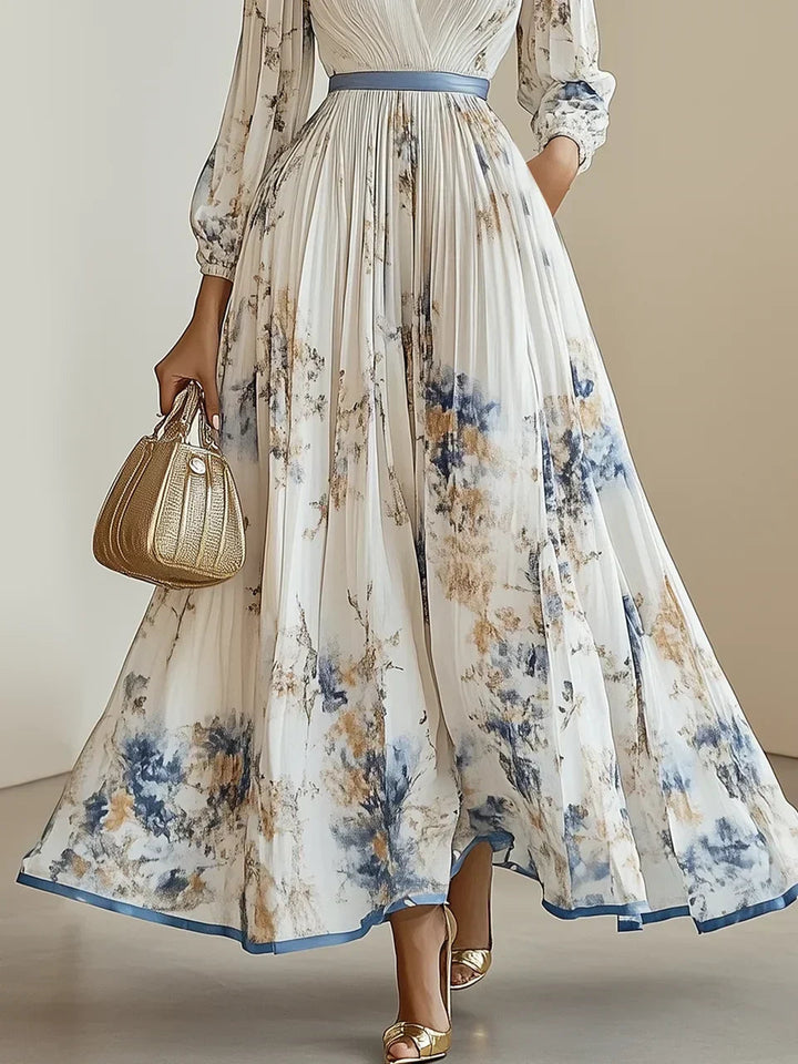 Sophia | Women's Elegant Floral Pleated Maxi Dress-Metro Lane Plaza