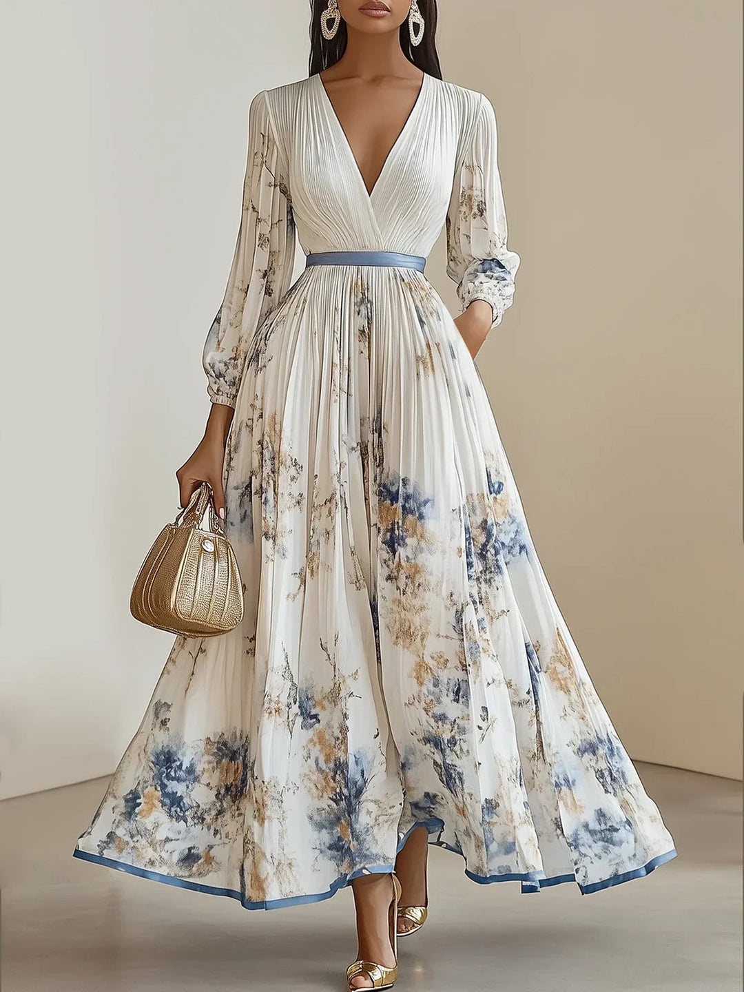 Sophia | Women's Elegant Floral Pleated Maxi Dress-Metro Lane Plaza