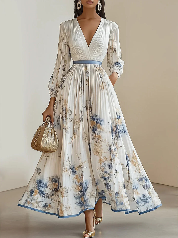 Sophia | Women's Elegant Floral Pleated Maxi Dress-Metro Lane Plaza