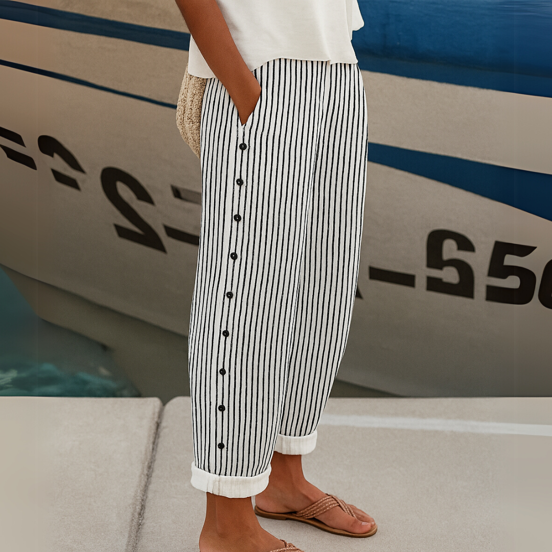 Jillian | Women's Chic High-Waisted Striped Button Trousers-Metro Lane Plaza