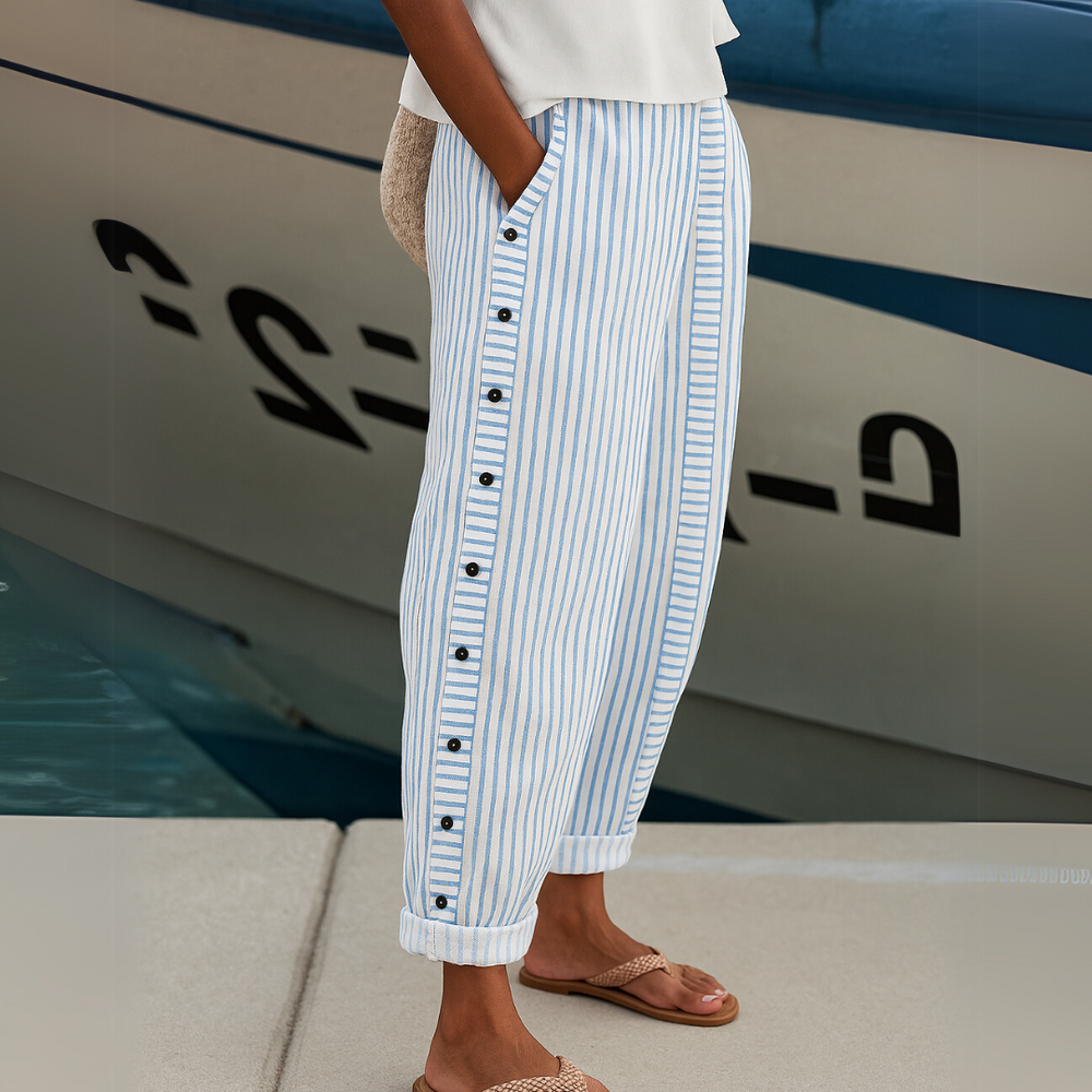 Jillian | Women's Chic High-Waisted Striped Button Trousers-Metro Lane Plaza