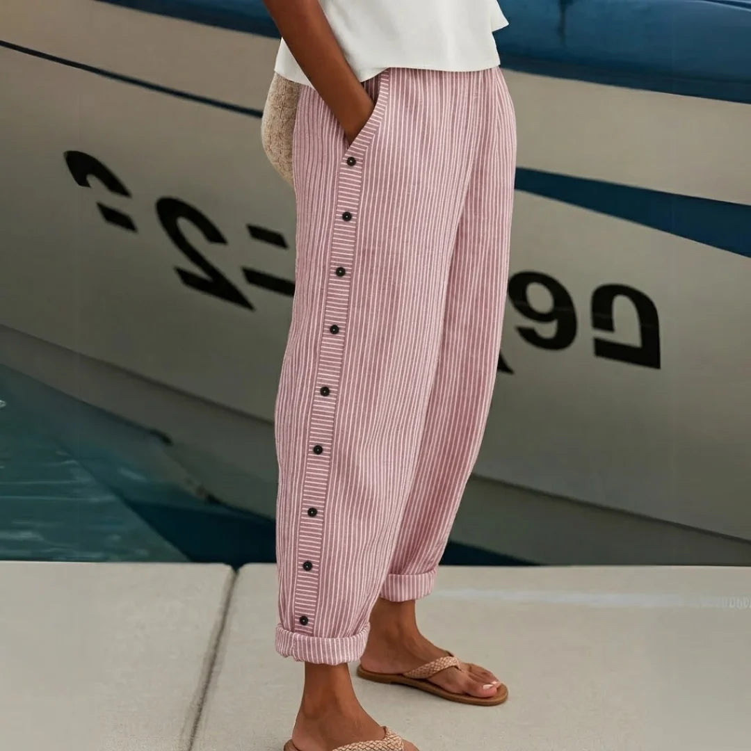 Jillian | Women's Chic High-Waisted Striped Button Trousers-Metro Lane Plaza