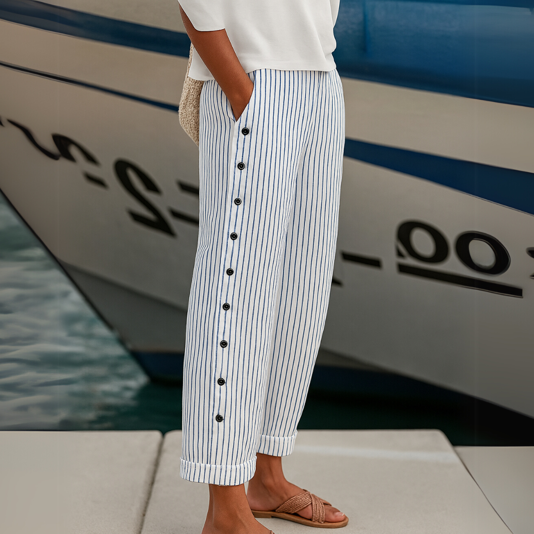 Jillian | Women's Chic High-Waisted Striped Button Trousers-Metro Lane Plaza