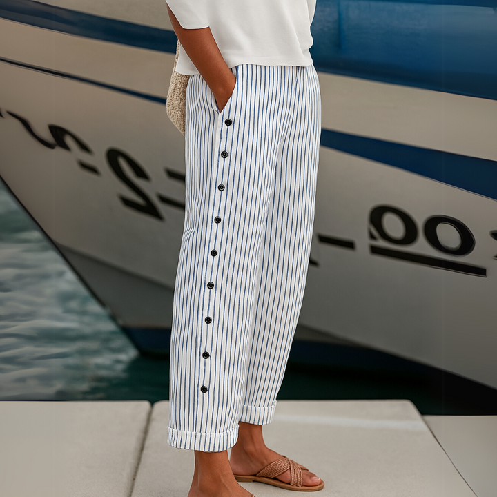 Jillian | Women's Chic High-Waisted Striped Button Trousers-Metro Lane Plaza