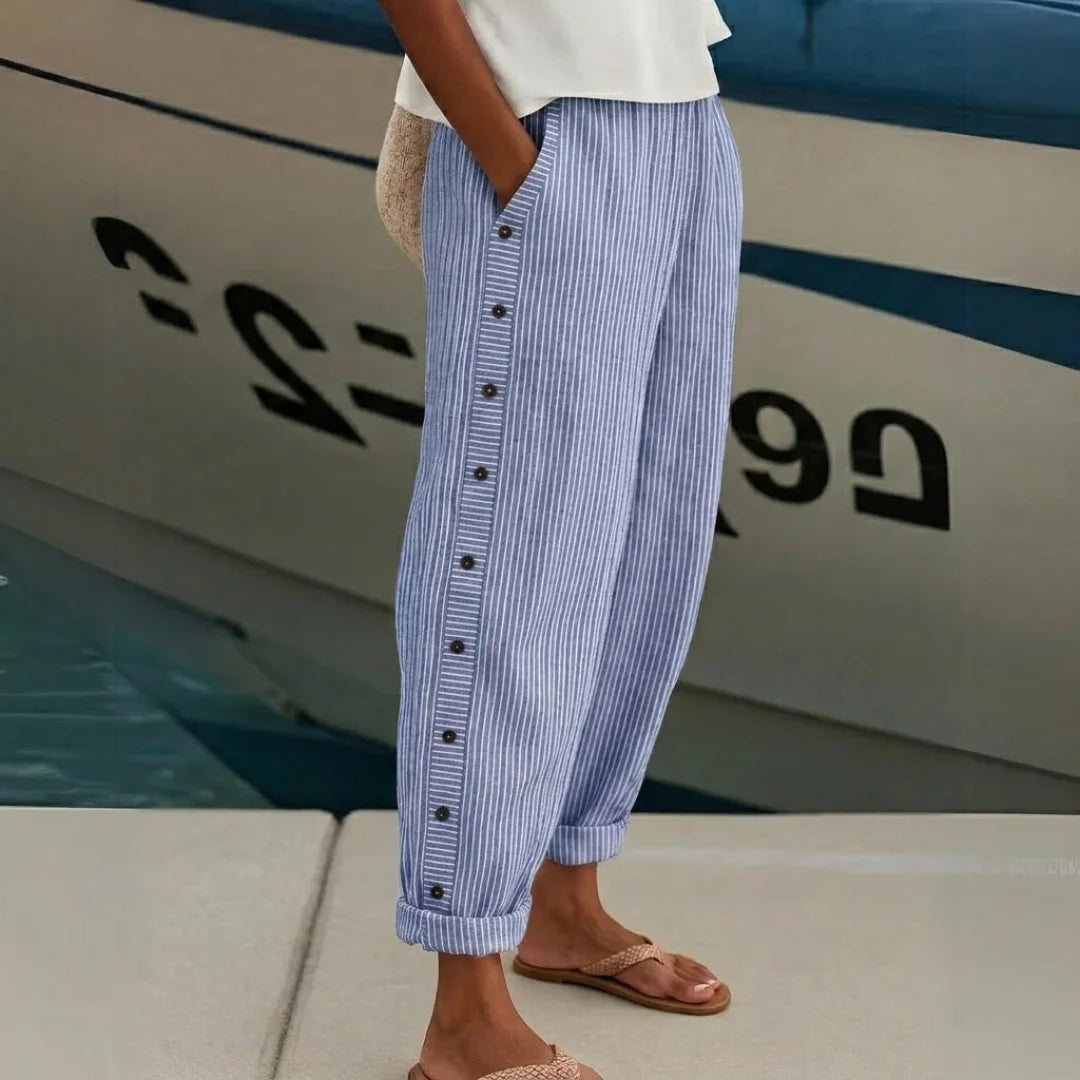 Jillian | Women's Chic High-Waisted Striped Button Trousers-Metro Lane Plaza