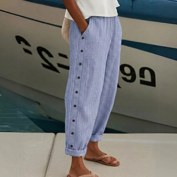 Jillian | Women's Chic High-Waisted Striped Button Trousers-Metro Lane Plaza