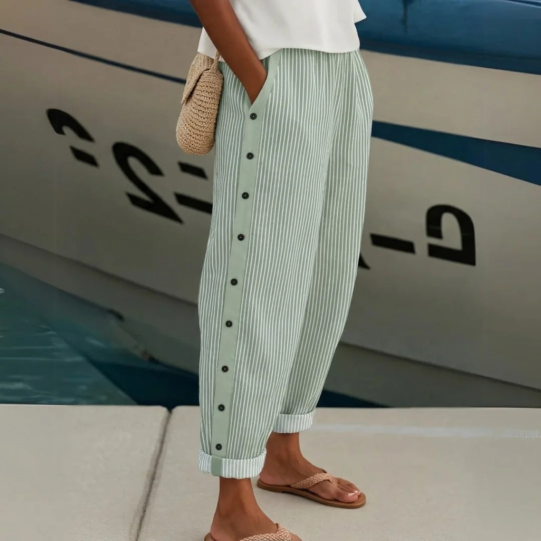 Jillian | Women's Chic High-Waisted Striped Button Trousers-Metro Lane Plaza