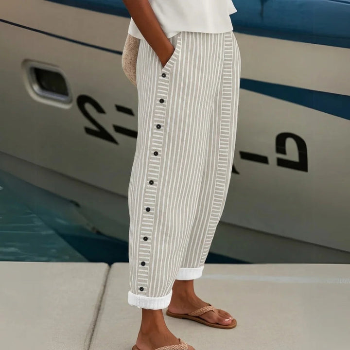 Jillian | Women's Chic High-Waisted Striped Button Trousers-Metro Lane Plaza