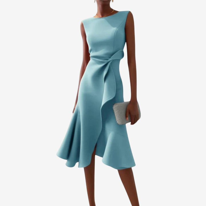 Manuela | Women's Elegant Modern Satin Midi Dress-Metro Lane Plaza