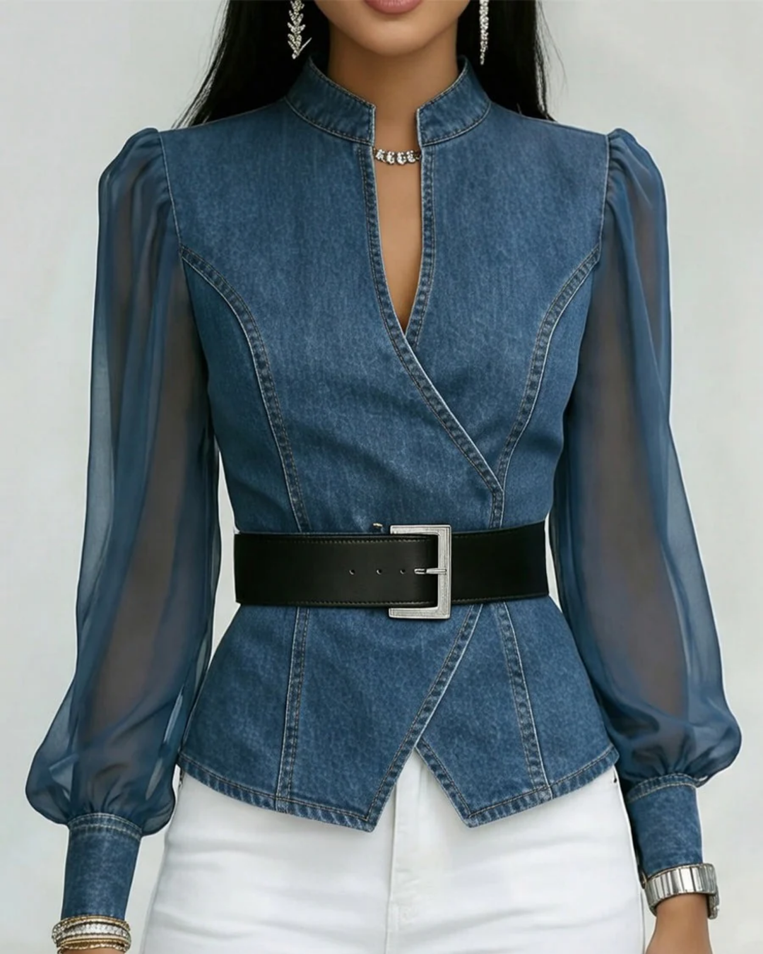 Keira | Women's Elegant Denim Top with Chiffon Sleeves-Metro Lane Plaza