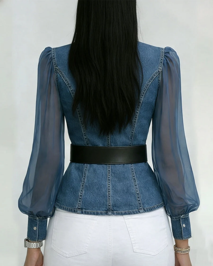 Keira | Women's Elegant Denim Top with Chiffon Sleeves-Metro Lane Plaza