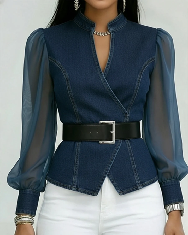 Keira | Women's Elegant Denim Top with Chiffon Sleeves-Metro Lane Plaza