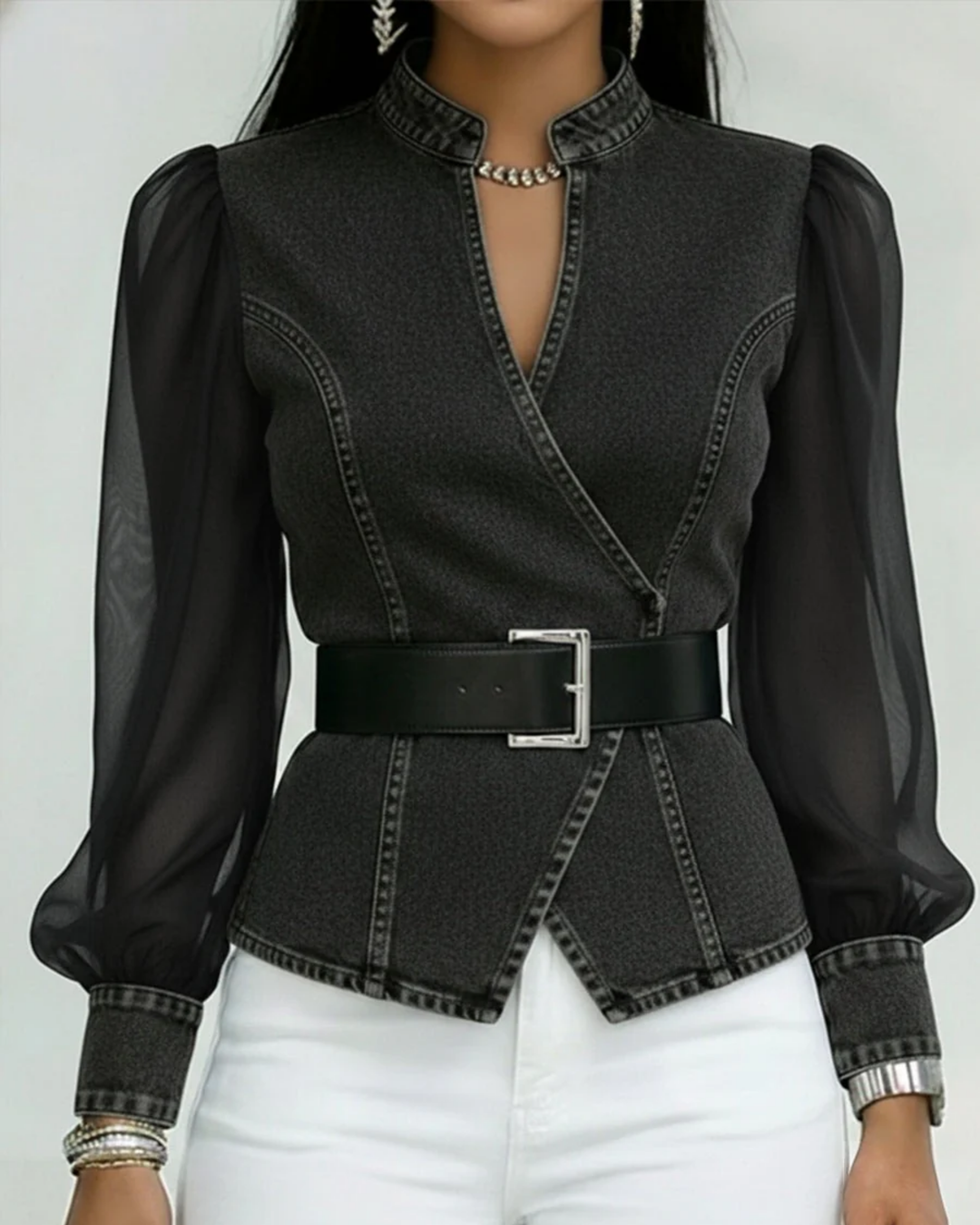 Keira | Women's Elegant Denim Top with Chiffon Sleeves-Metro Lane Plaza