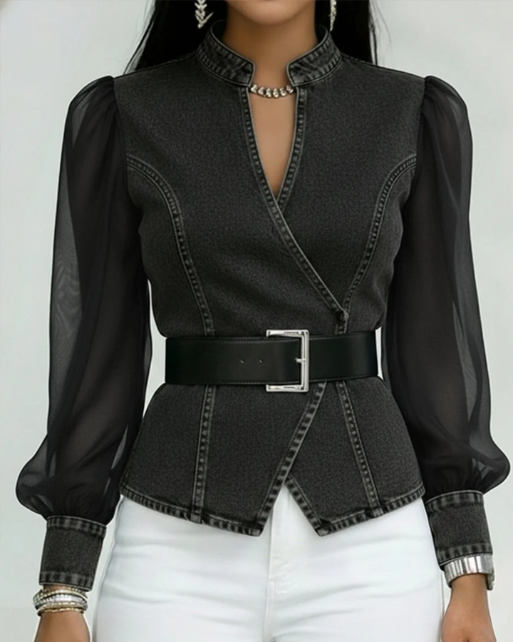Keira | Women's Elegant Denim Top with Chiffon Sleeves-Metro Lane Plaza