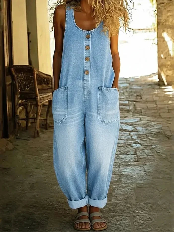 Jessika | Women's Comfortable Vintage-Inspired Denim Jumpsuit-Metro Lane Plaza