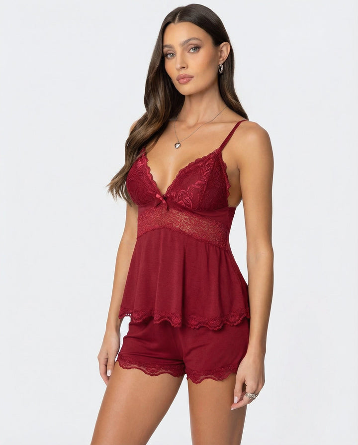 Luna | Women's Elegant Lace Trim Pajama Set-Metro Lane Plaza