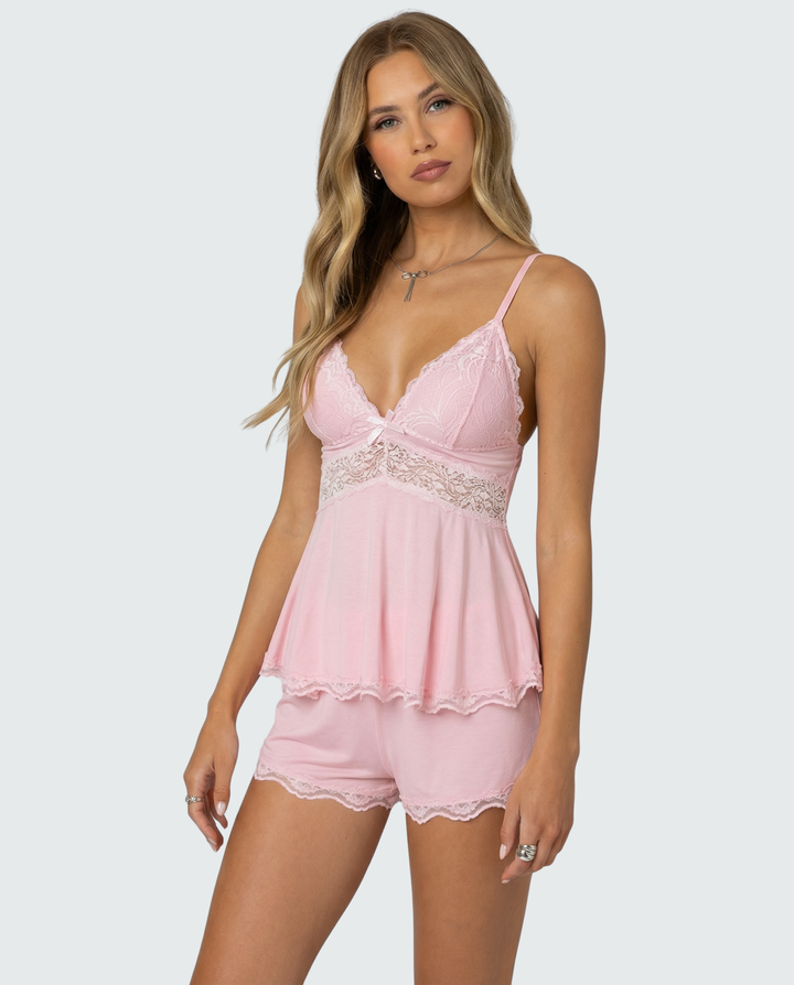 Luna | Women's Elegant Lace Trim Pajama Set-Metro Lane Plaza