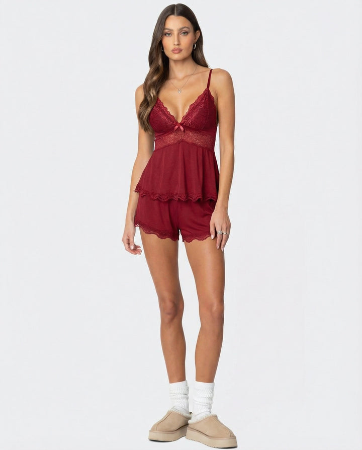 Luna | Women's Elegant Lace Trim Pajama Set-Metro Lane Plaza