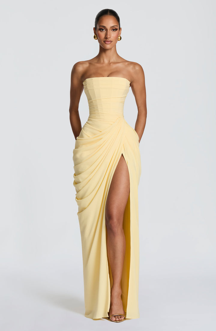 Olivia | Women's Elegant Corset Maxi Dress with Asymmetrical Draping-Metro Lane Plaza
