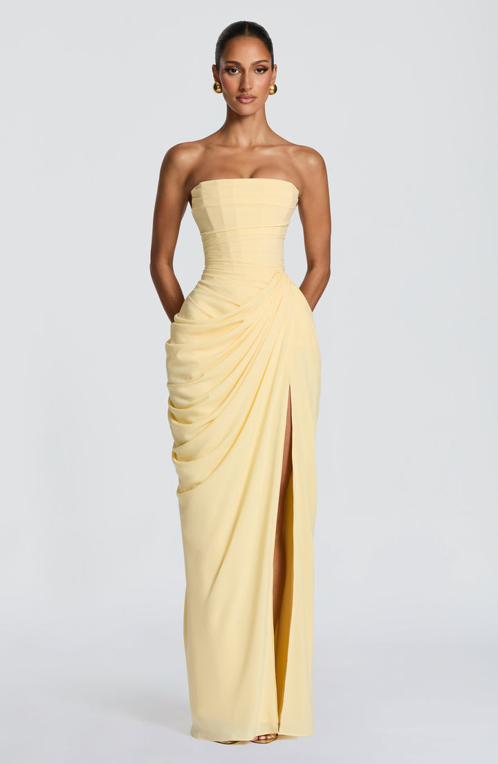 Olivia | Women's Elegant Corset Maxi Dress with Asymmetrical Draping-Metro Lane Plaza