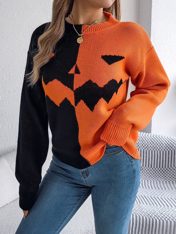 Gestrickter Pullover zum Überziehen für Damen mit Kürbislaternenmotiv, Midi-Länge