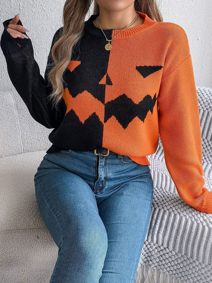 Gestrickter Pullover zum Überziehen für Damen mit Kürbislaternenmotiv, Midi-Länge