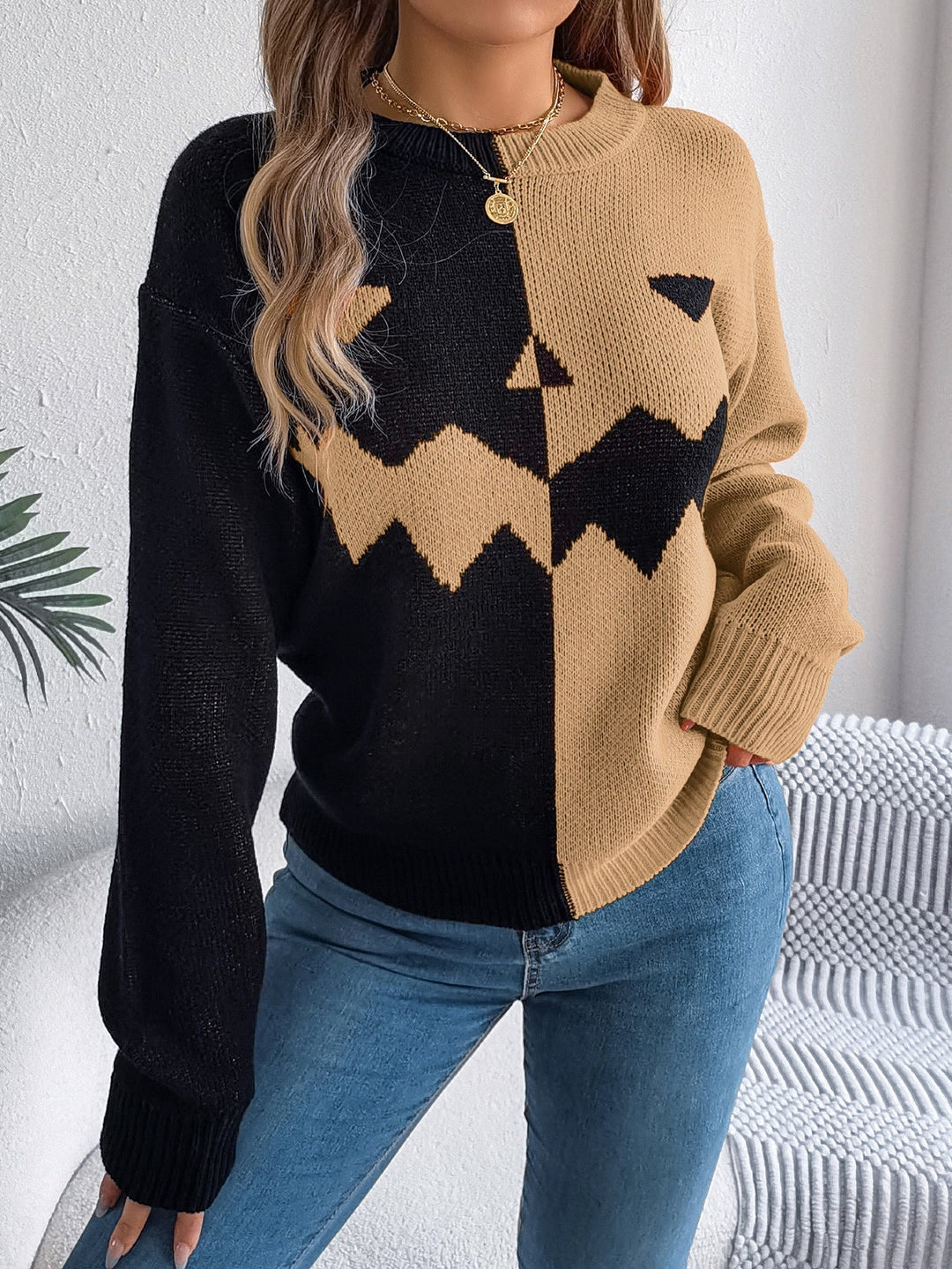 Gestrickter Pullover zum Überziehen für Damen mit Kürbislaternenmotiv, Midi-Länge