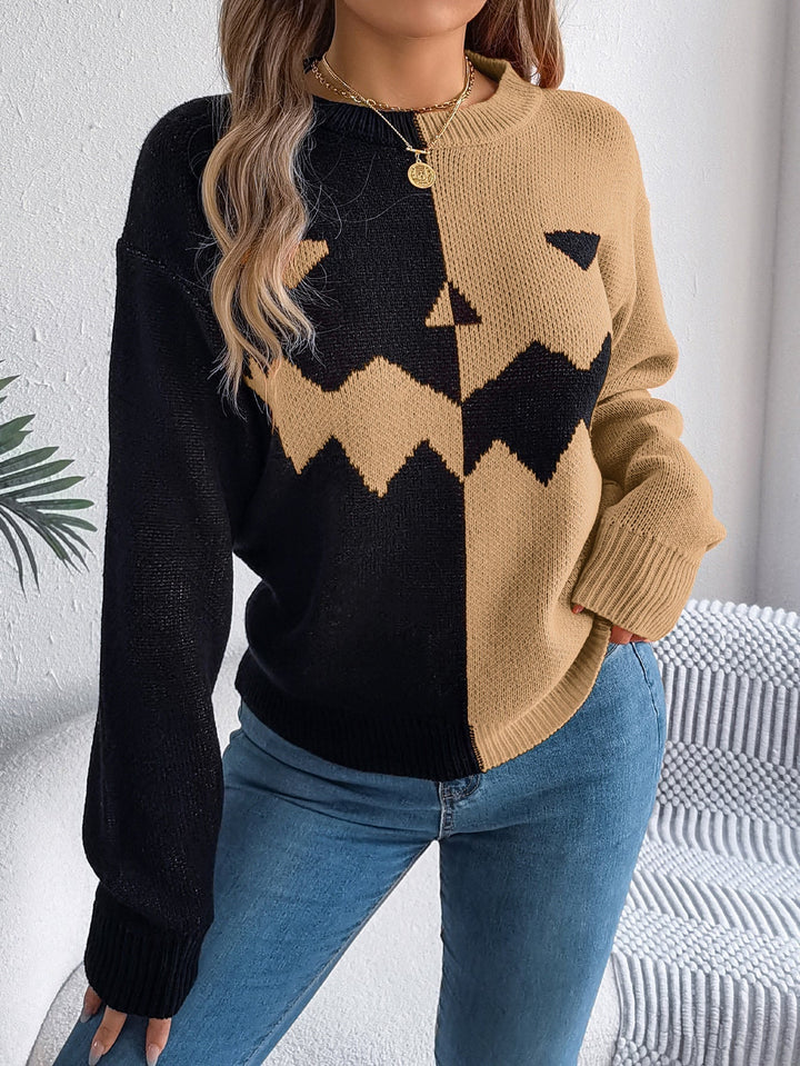Gestrickter Pullover zum Überziehen für Damen mit Kürbislaternenmotiv, Midi-Länge