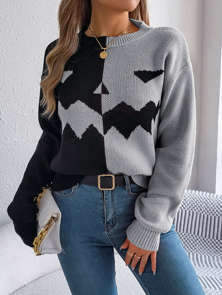 Gestrickter Pullover zum Überziehen für Damen mit Kürbislaternenmotiv, Midi-Länge