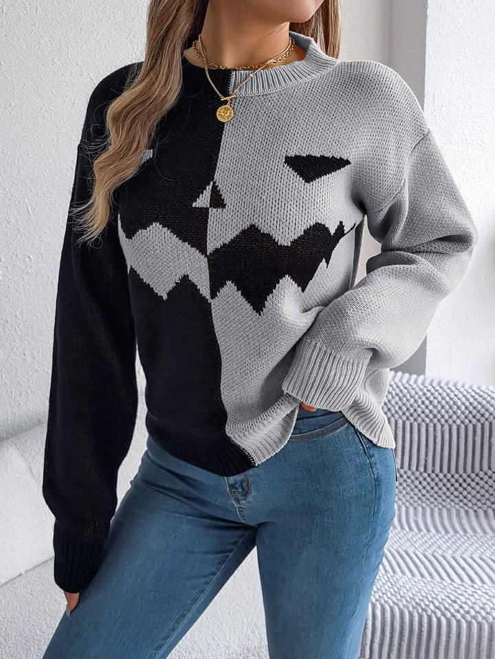 Gestrickter Pullover zum Überziehen für Damen mit Kürbislaternenmotiv, Midi-Länge