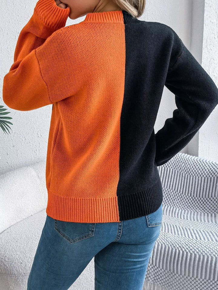 Gestrickter Pullover zum Überziehen für Damen mit Kürbislaternenmotiv, Midi-Länge