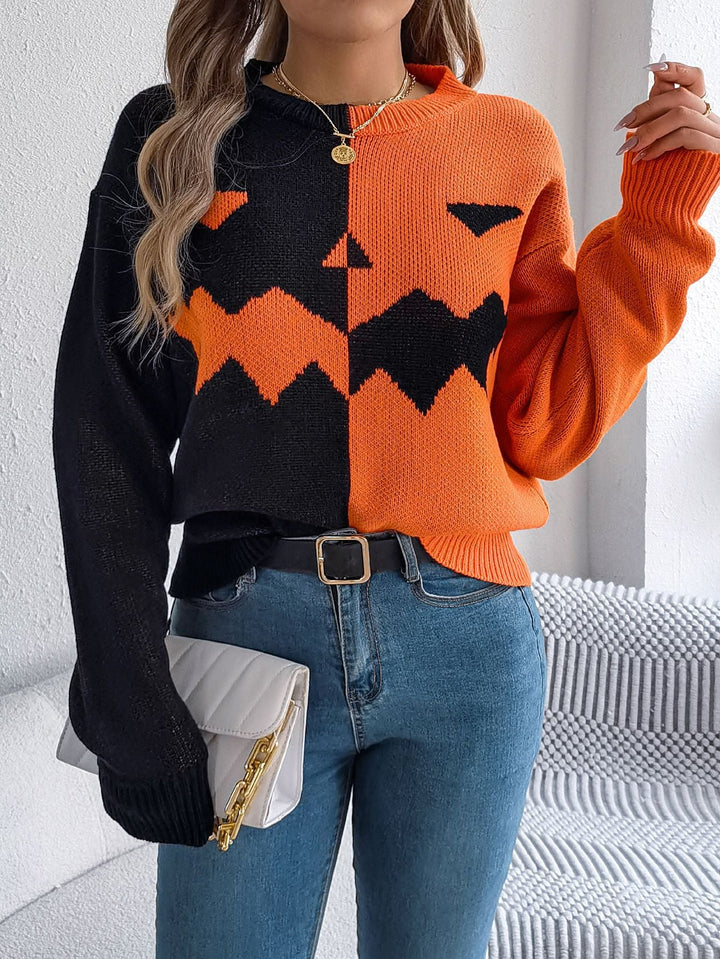 Gestrickter Pullover zum Überziehen für Damen mit Kürbislaternenmotiv, Midi-Länge