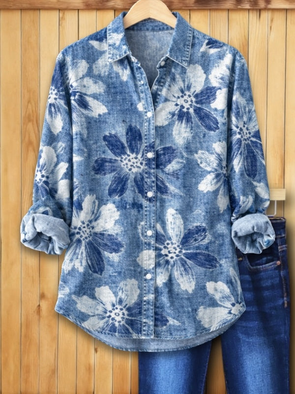 Jennifer | Women's Relaxed Fit Floral Print Denim Shirt-Metro Lane Plaza