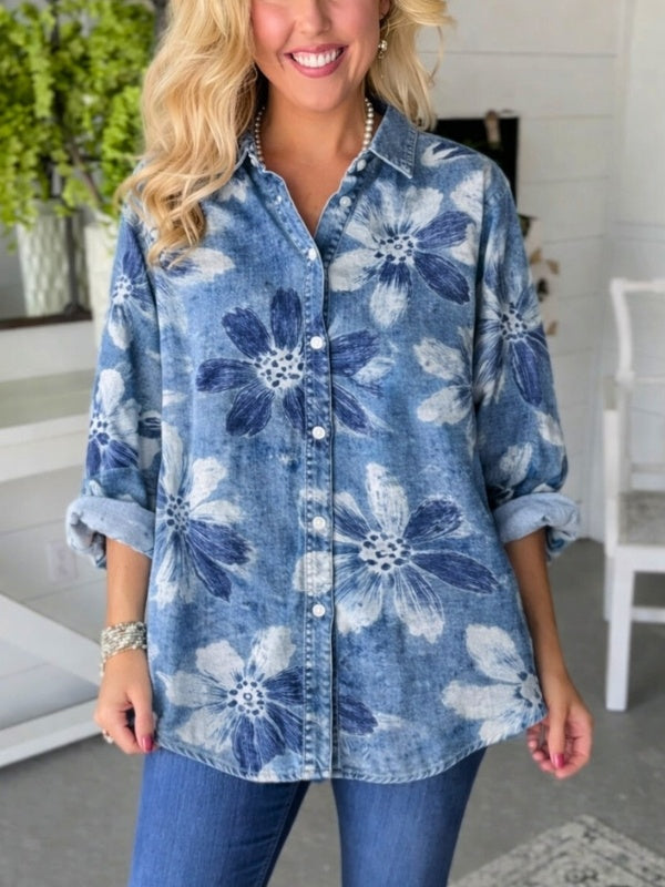 Jennifer | Women's Relaxed Fit Floral Print Denim Shirt-Metro Lane Plaza