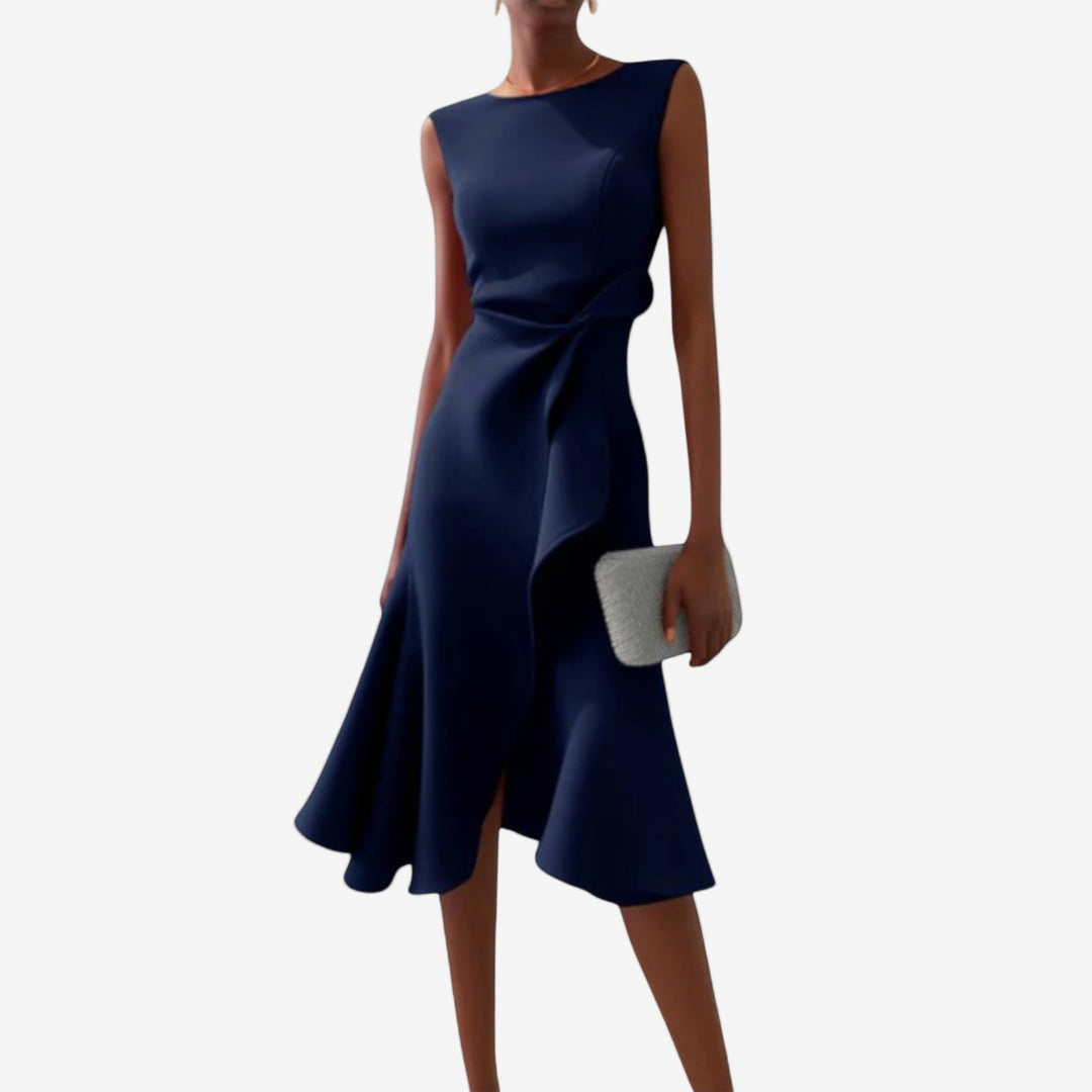 Manuela | Women's Elegant Modern Satin Midi Dress-Metro Lane Plaza