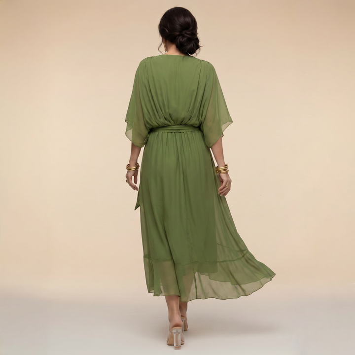 Margaret | Women's Flattering V-Neck Wrap Midi Dress-Metro Lane Plaza