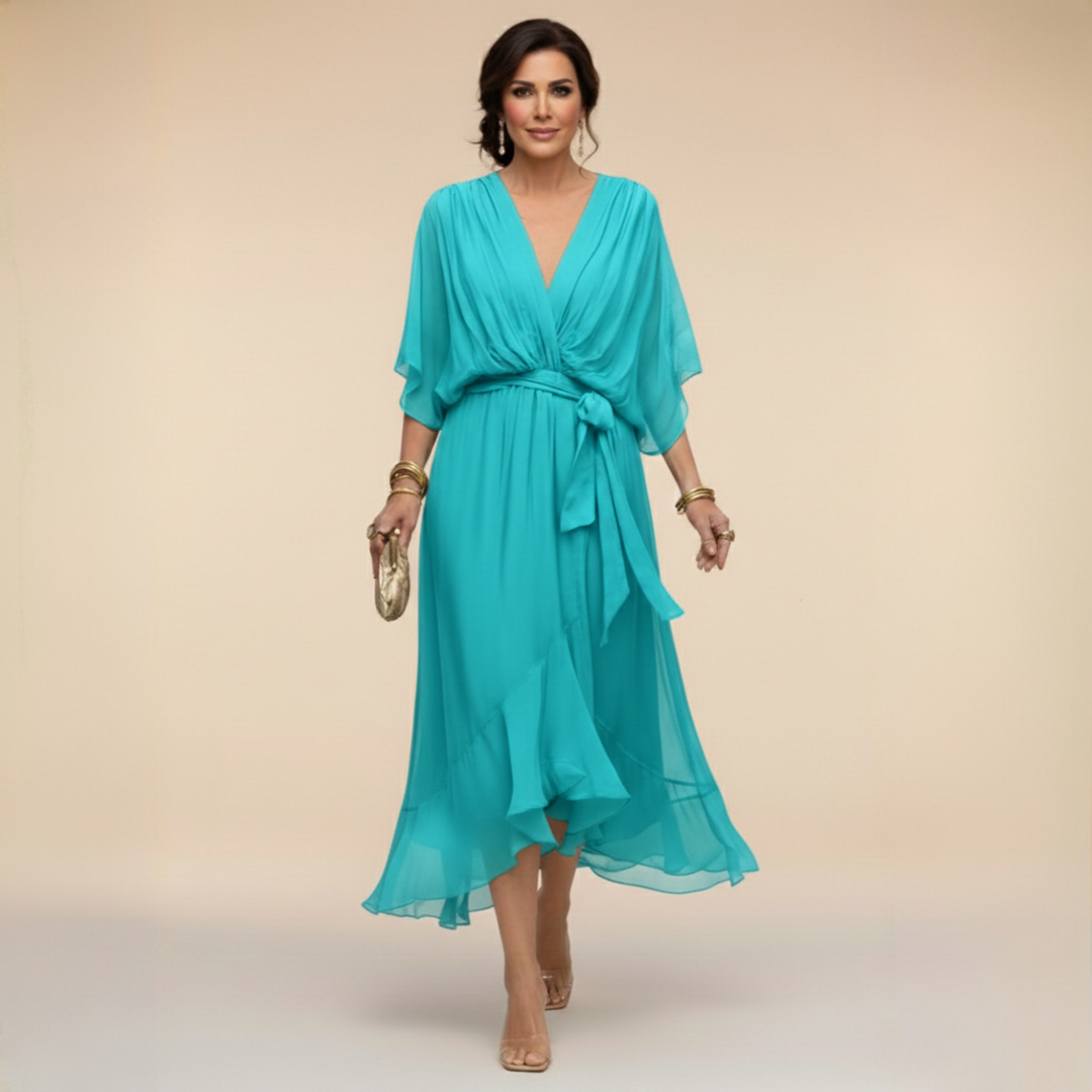 Margaret | Women's Flattering V-Neck Wrap Midi Dress-Metro Lane Plaza