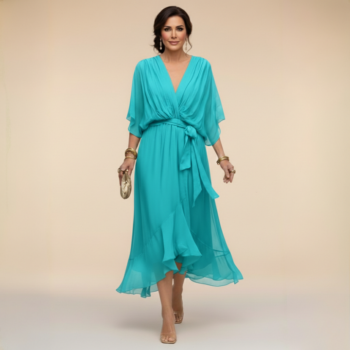 Margaret | Women's Flattering V-Neck Wrap Midi Dress-Metro Lane Plaza