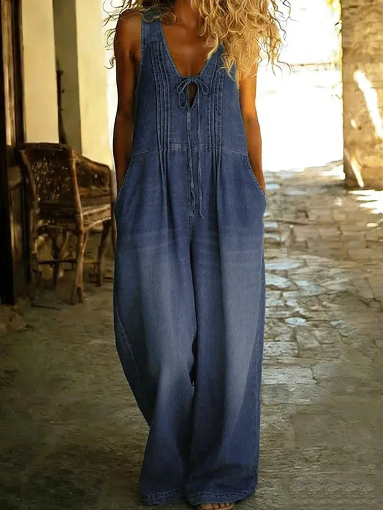 Maya | Women's Wide-Leg Denim Utility Jumpsuit-Metro Lane Plaza
