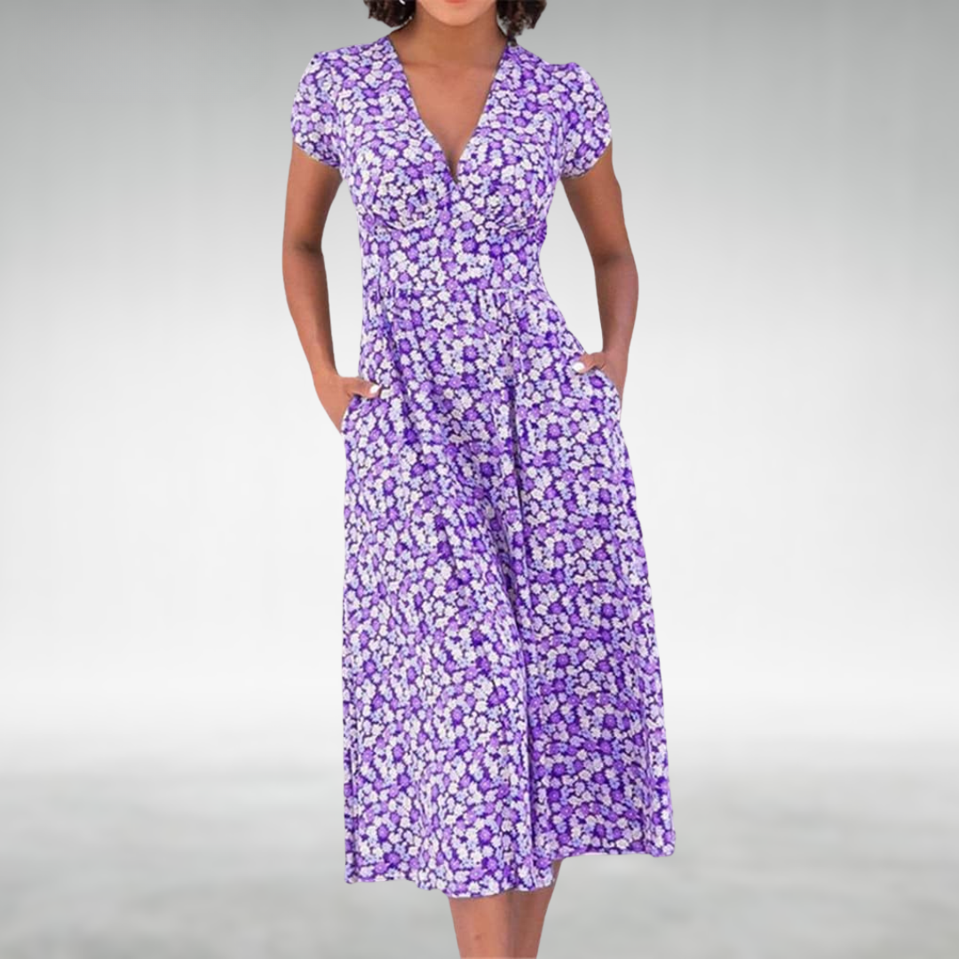 Melissa | Women's Elegant V-Neck Floral Midi Dress-Metro Lane Plaza