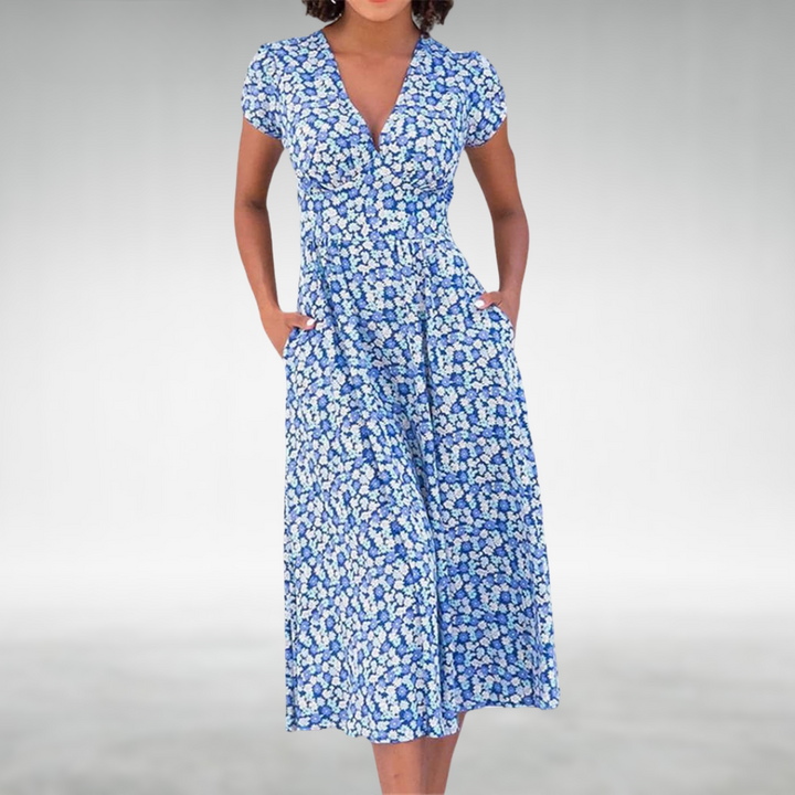 Melissa | Women's Elegant V-Neck Floral Midi Dress-Metro Lane Plaza