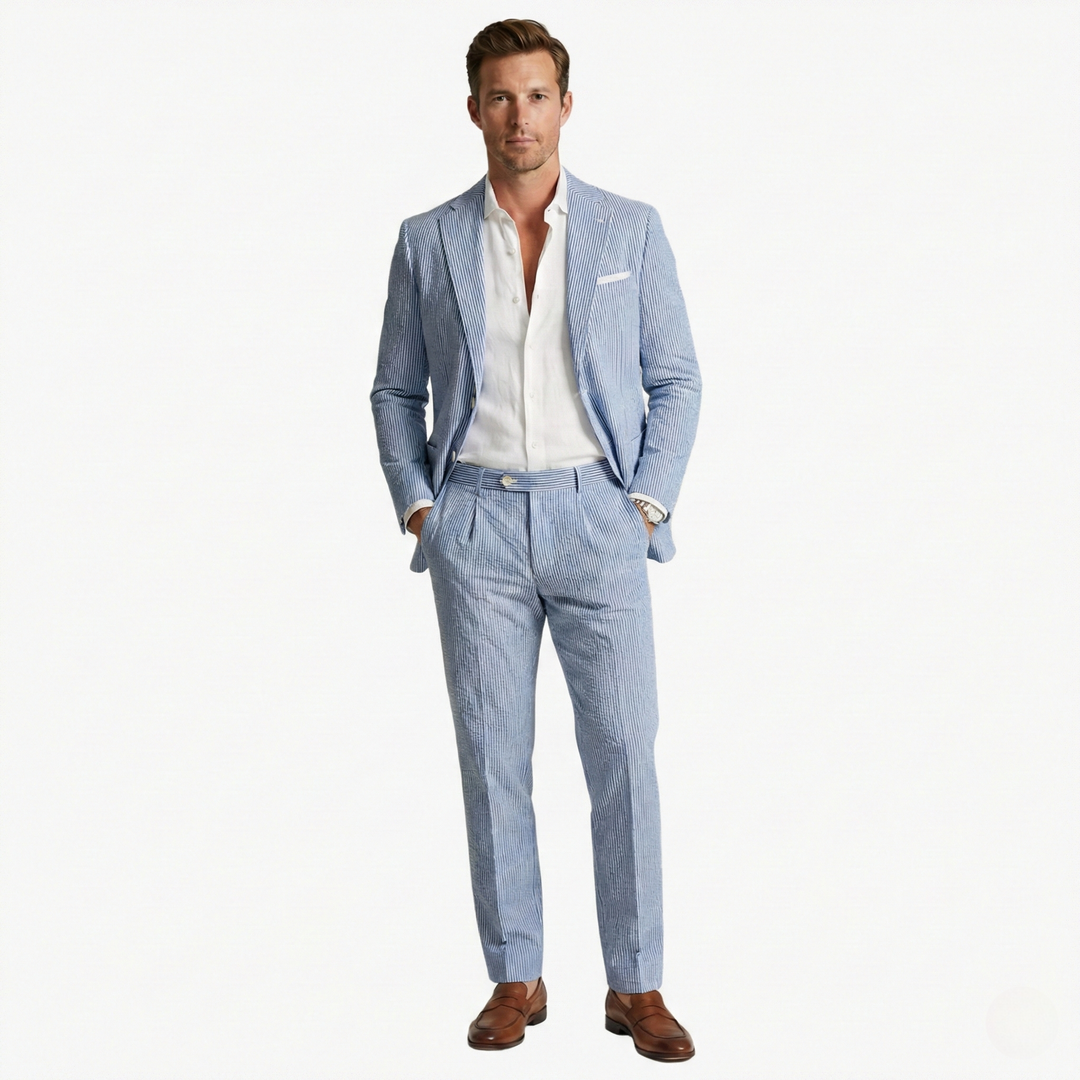 Men's Summer Two-Piece Suit with Pinstripes and Slim Fit