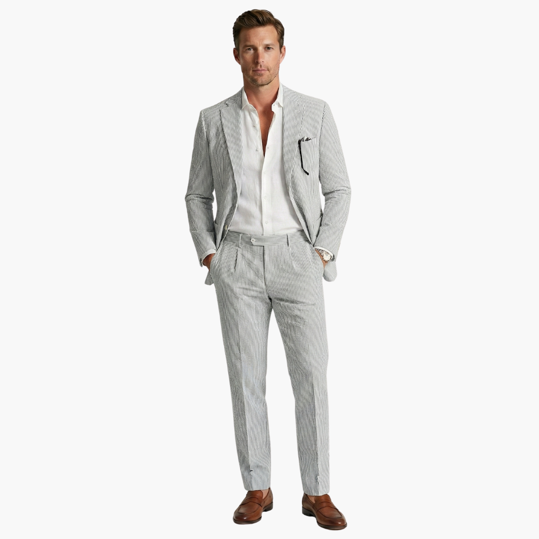Men's Summer Two-Piece Suit with Pinstripes and Slim Fit