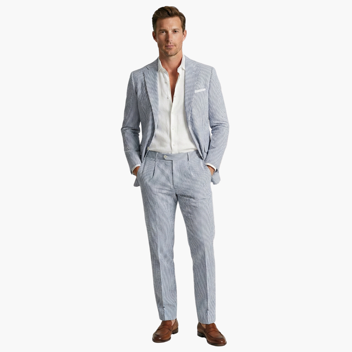 Men's Summer Two-Piece Suit with Pinstripes and Slim Fit