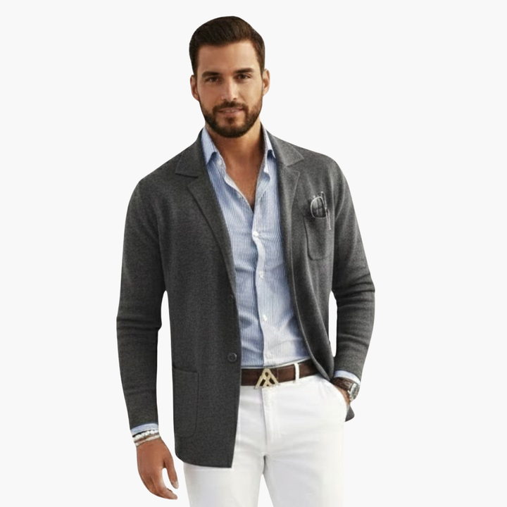 Men's Knit Blazer with Lapel Collar and Button Closure